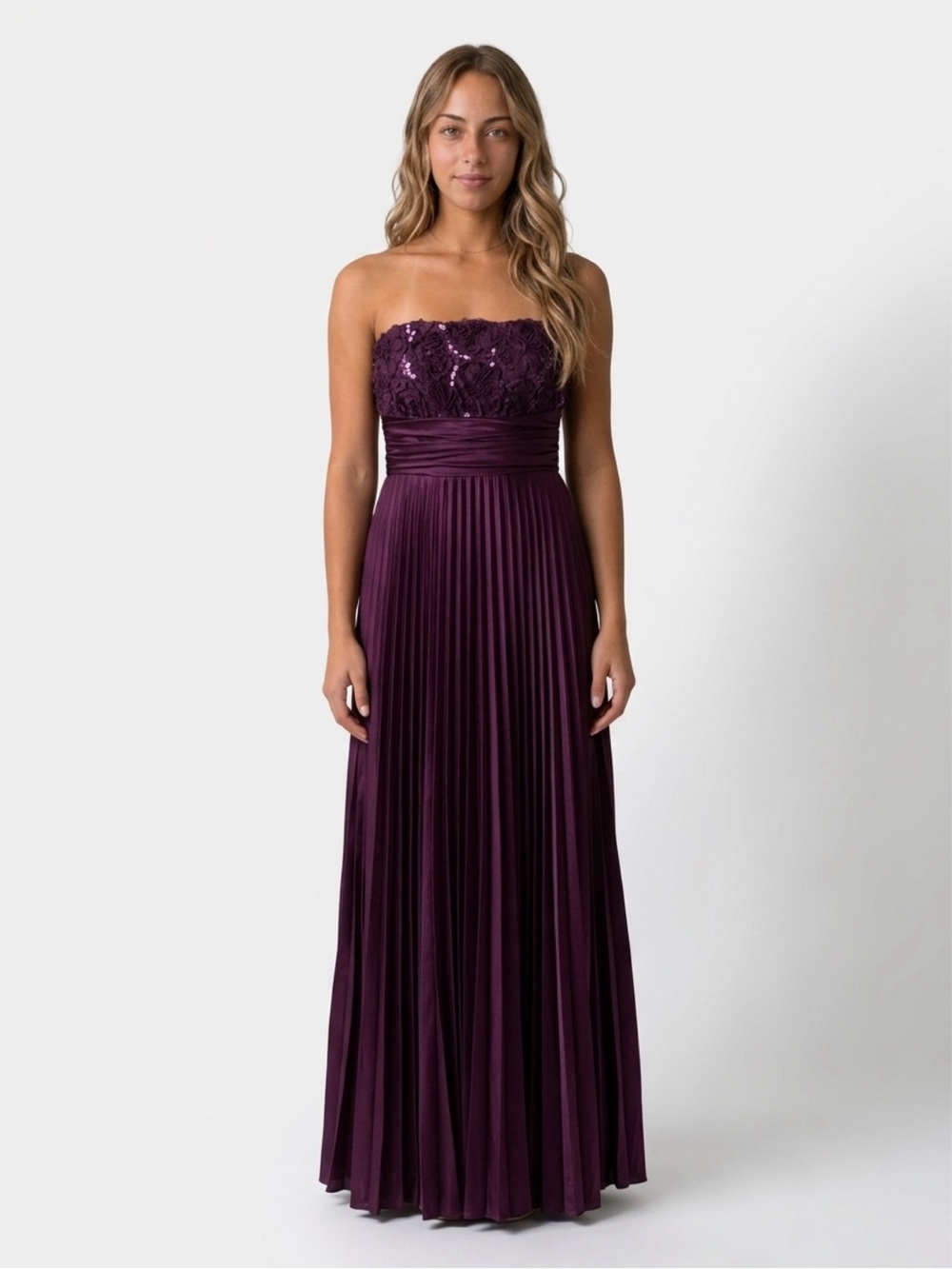 Xtraordinary Strapless Sequined Pleated Gown in Plum